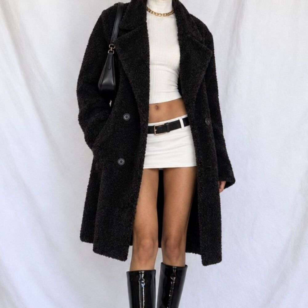 Vintage Y2K 90s Black Faux Fur Oversized Fit Teddy Style Coat Jacket Size S